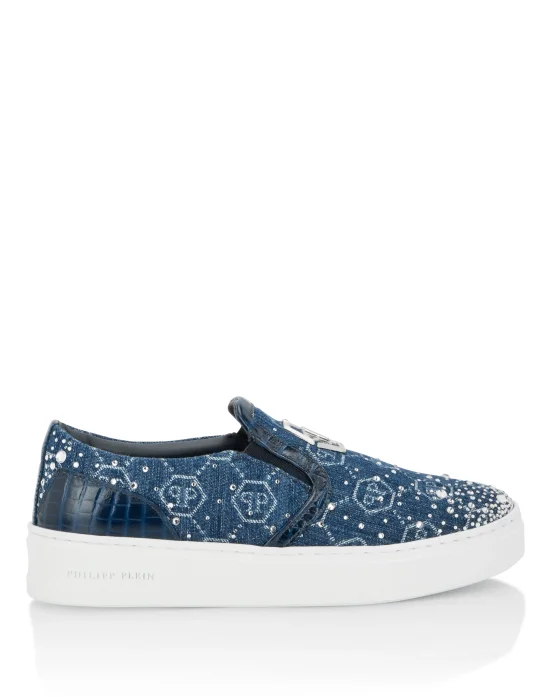 Denim Slip-On Sneakers Monogram Strass