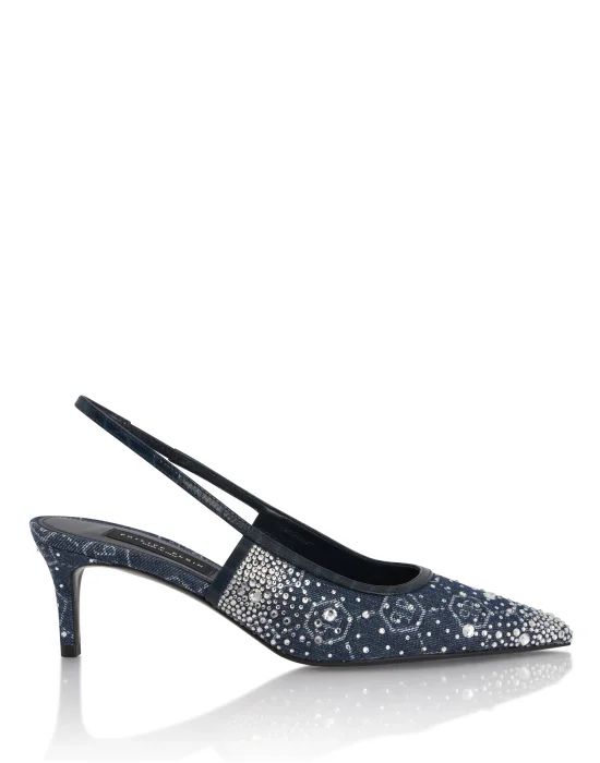 Denim Mid Heels Slingbacks Monogram Strass